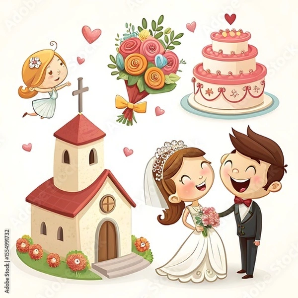 Obraz Happy cartoon bride and groom in front of a church with wedding cake and flowers isolated on white background