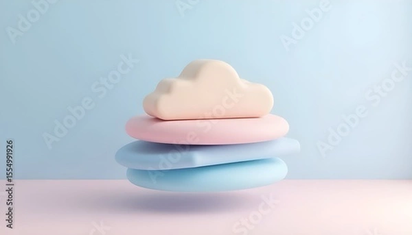 Fototapeta Minimalist 3D concept of a cloud platform, represented by a cloud shape on a stack of pastel-colored discs.