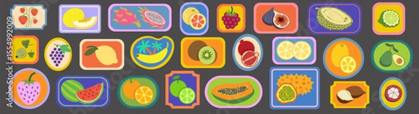 Fototapeta fruits label or stamp set in doodle style. elements for decor postcard design print sticker poster background