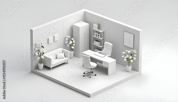 Fototapeta Clean, minimalist isometric 3D model of a modern office interior with furniture and plants, all in white.