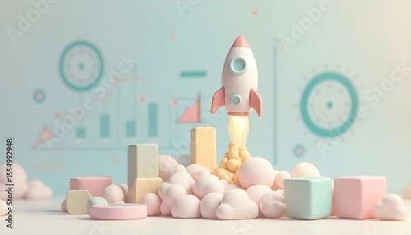 Fototapeta Business startup and growth concept illustrated by a launching rocket with data charts in a soft pastel color scheme.