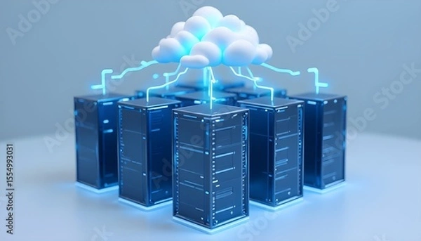 Fototapeta Powerful cloud computing infrastructure concept showing server racks connected by energy bolts to a central cloud.