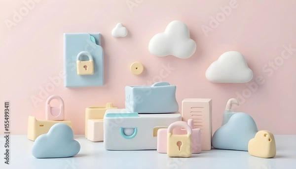 Fototapeta Secure cloud storage and file organization concept with cute 3D pastel icons of folders, clouds, and locks.