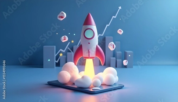 Fototapeta Startup launch concept with a rocket taking off from a platform, with a financial growth chart in the background.