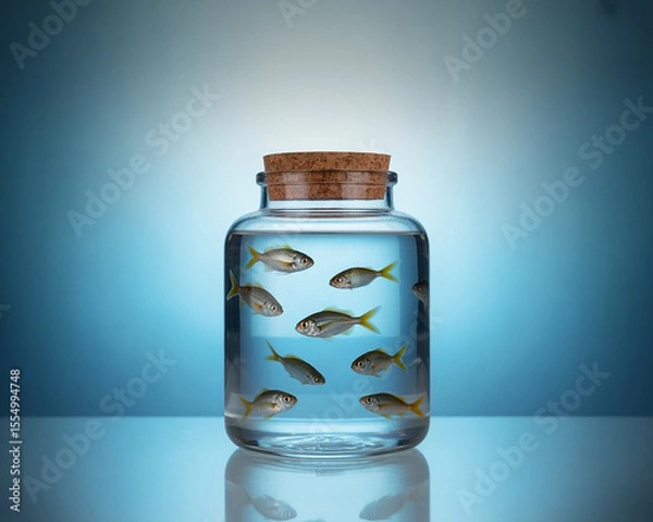 Obraz Small Fish in a Glass Jar Against a Blue Gradient Background