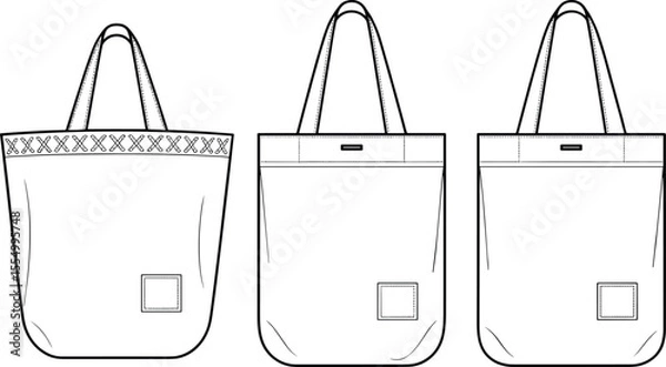 Fototapeta CAD drawing flat vector illustration of fabric tote bags, front and side views, detailed stitching pattern, technical sketch for fashion, accessory, product design