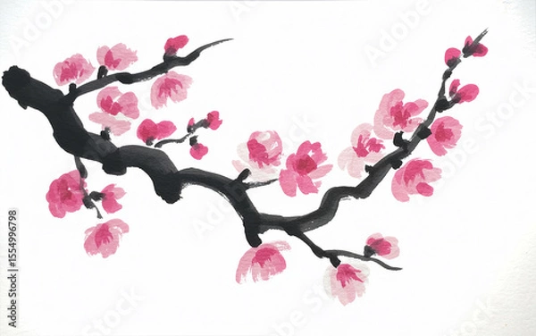 Obraz Elegant Cherry Blossom Branch in Asian Style Painting
