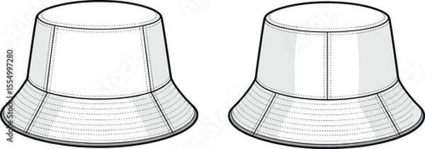 Fototapeta CAD drawing flat vector illustration of front and back view unisex bucket hat with detailed topstitching, fashion accessory template, technical hat sketch