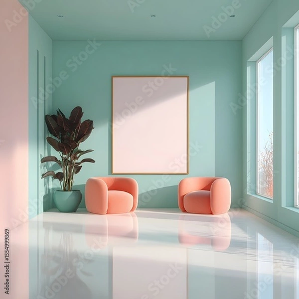 Fototapeta Modern interior design with peach chairs and blank frame mockup photo