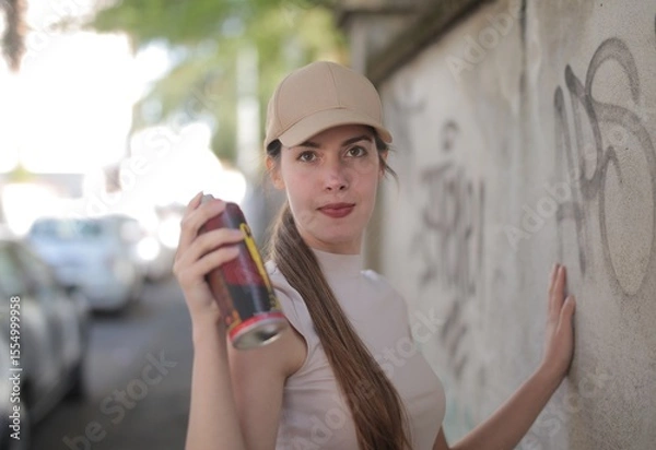 Obraz young woman with spray can in front of graffiti