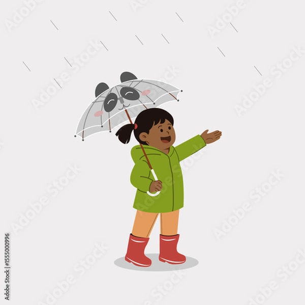 Fototapeta Flat vector illustration of colored little girl with umbrella in the rain