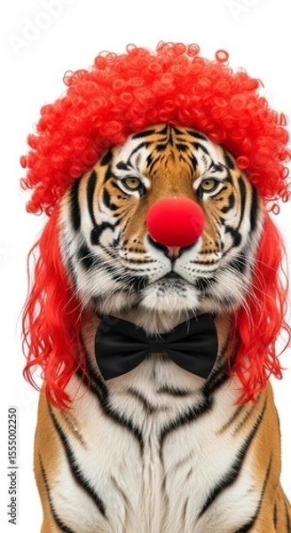 Obraz tiger dressed as a clown with a colorful wig, red nose, and bow tie. Humorous and surreal animal portrait on white background