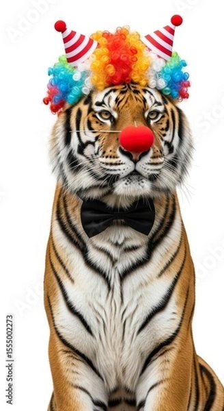 Obraz tiger dressed as a clown with a colorful wig, red nose, and bow tie. Humorous and surreal animal portrait on white background