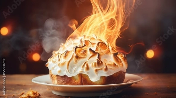 Obraz National Baked Alaska Day Flaming baked alaska dessert on rustic wooden table with warm lighting