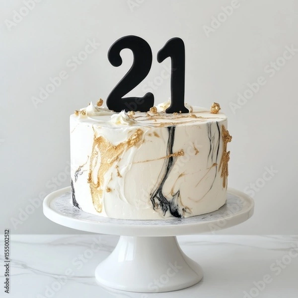 Obraz Elegant 21st birthday cake with black and gold marble design on white stand