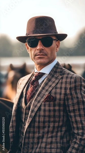 Obraz Stylish gentleman in plaid suit and hat at outdoor event