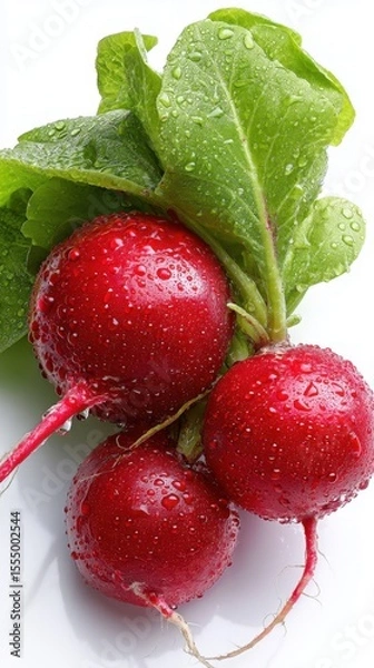 Obraz Fresh wet radishes with green leaves on white background