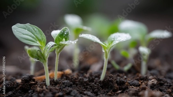 Obraz Young green seedlings with dew in fertile soil