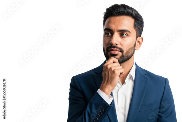 Fototapeta Indian businessman looking up with a serious expression, symbolizing decision-making, confusion, or problem-solving. Isolated on transparent background