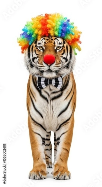 Obraz tiger dressed as a clown with a colorful wig, red nose, and bow tie. Humorous and surreal animal portrait on white background