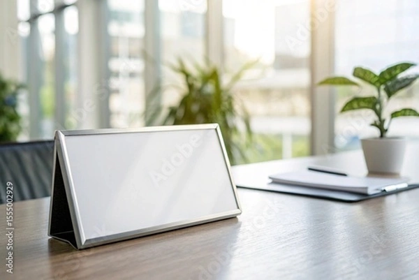 Obraz Blank white sign or nameplate on a desk in a modern office or study setting

