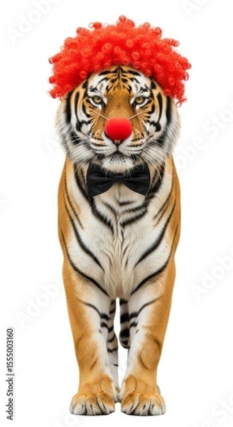 Obraz tiger dressed as a clown with a colorful wig, red nose, and bow tie. Humorous and surreal animal portrait on white background