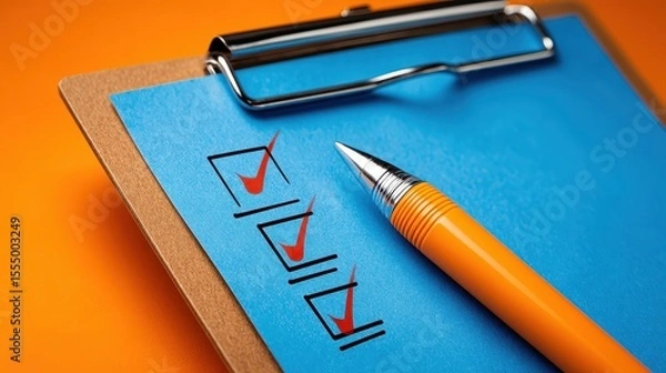 Obraz Bright Orange Checklist with Checkmarks and Pen on Clipboard for Task Management and Organization