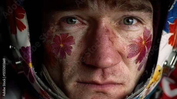 Obraz Portrait of Astronaut with Floral Face Art in Space Helmet, Capturing Emotion and Uniqueness in an Out-of-This-World Setting