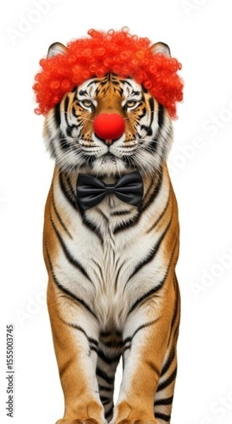Obraz tiger dressed as a clown with a colorful wig, red nose, and bow tie. Humorous and surreal animal portrait on white background