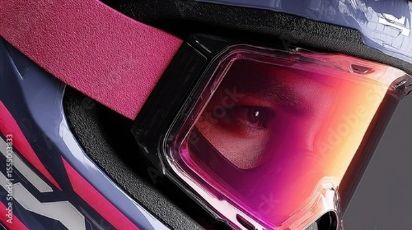 Obraz Close-Up View of a High-Performance Motocross Helmet and Goggles, Featuring Vibrant Colors and Reflective Lens