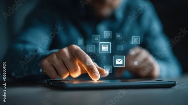 Obraz Engaging User Interacting with Digital Tablet Touchscreen Displaying Social Media Icons and Notifications in Close-up View