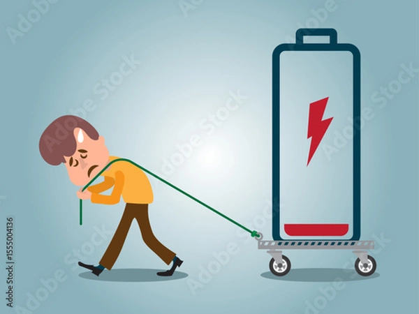 Fototapeta Concept of running out of energy to work. employee is exhausted but still working. low battery and tired. work problems. illustration of a worker working by supporting a battery. flat style design.