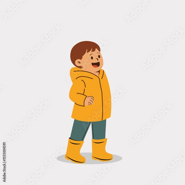 Fototapeta Flat vector illustration of little boy in raincoat