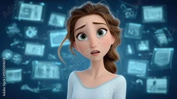 Obraz Concerned animated character surrounded by digital media images with expression of worry and uncertainty