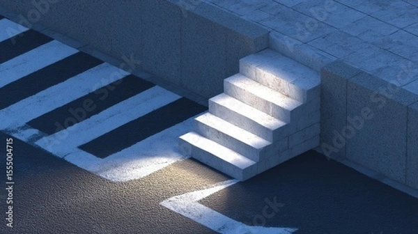 Obraz Modern Urban Stairs Overlooking Crosswalk with Sunlight Reflection on Concrete Surface in Contemporary Architecture Style