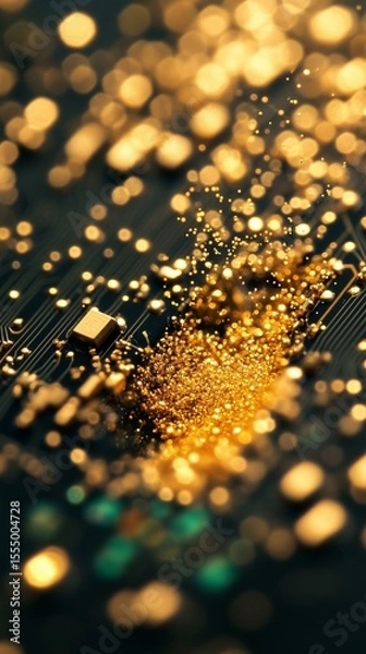 Fototapeta Macro Close Up of Gold Dust Particles on Circuit Board