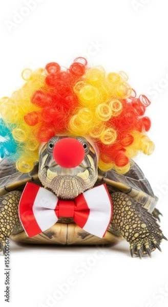 Obraz turtle dressed as a clown with a colorful wig, red nose, and bow tie. Humorous and surreal animal portrait on white background