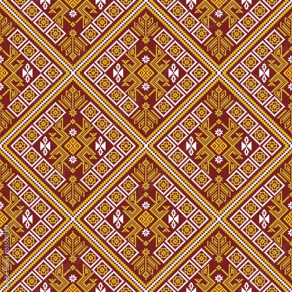 Obraz Seamless Ethnic Pixel Fabric Pattern that combines modernity with traditional art. Uses pixel patterns similar to ethnic embroidery patterns. Suitable for textiles, fashion, shawls, curtains wallpaper