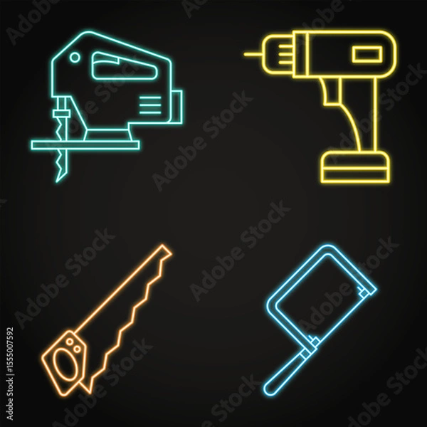 Obraz Woodwork tools neon icon set