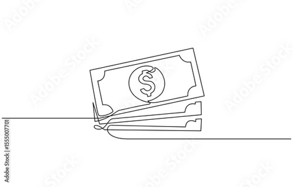 Fototapeta Continuous line, one banknote with dollar symbol in the center, money, financial business illustration, continuous one line art of outline vector drawing.