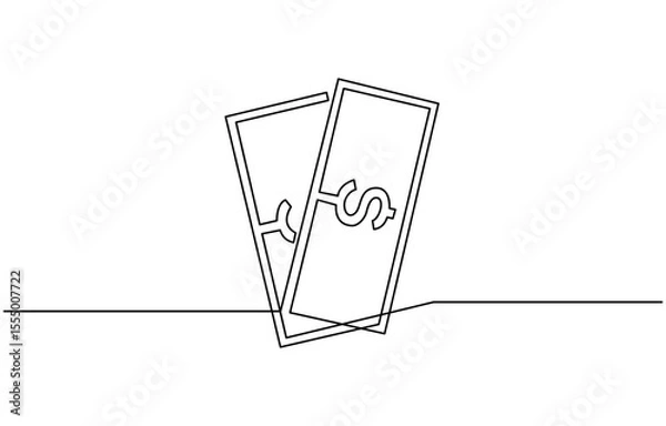 Fototapeta Continuous line, one banknote with dollar symbol in the center, money, financial business illustration, continuous one line art of outline vector drawing.