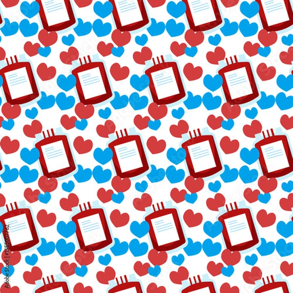 Fototapeta Seamless pattern of blood bag for donation and hearts on white background