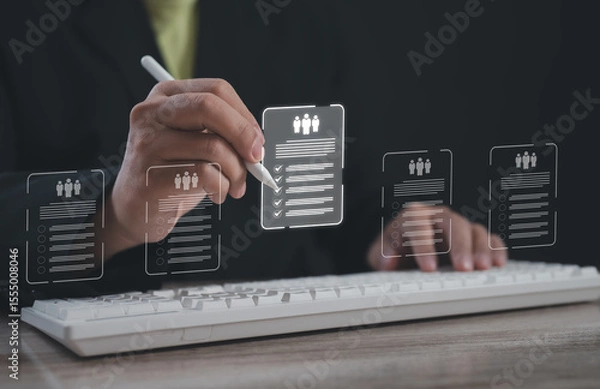 Fototapeta Person reviewing digital candidate checklist with stylus on virtual interface, representing smart recruitment, task review, employee evaluation, and data-driven selection in HR systems.