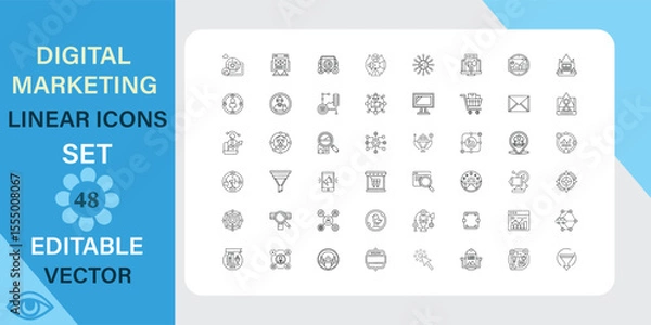Obraz Digital marketing linear icons set. Business, strategy, advertising and more. Outline vector icon in linear style. Editable stroke. Vector illustration.