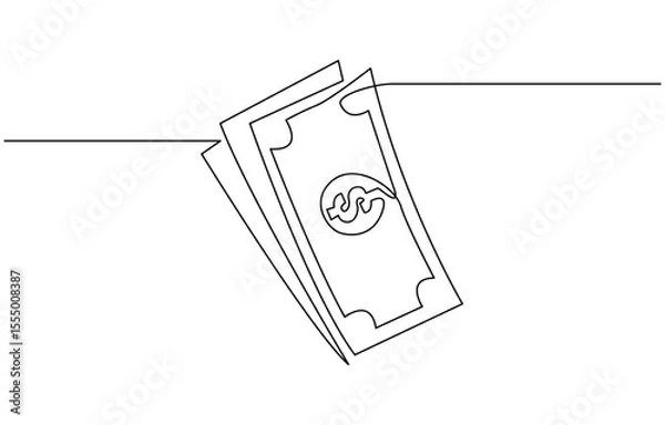 Fototapeta Continuous line, one banknote with dollar symbol in the center, money, financial business illustration, continuous one line art of outline vector drawing.