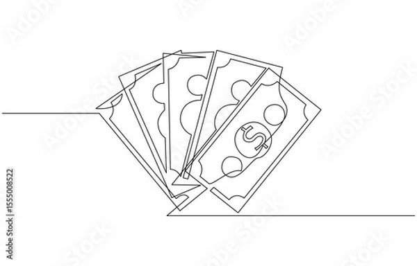Fototapeta Continuous line, one banknote with dollar symbol in the center, money, financial business illustration, continuous one line art of outline vector drawing.