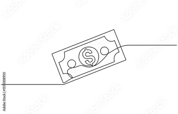 Fototapeta Continuous line, one banknote with dollar symbol in the center, money, financial business illustration, continuous one line art of outline vector drawing.