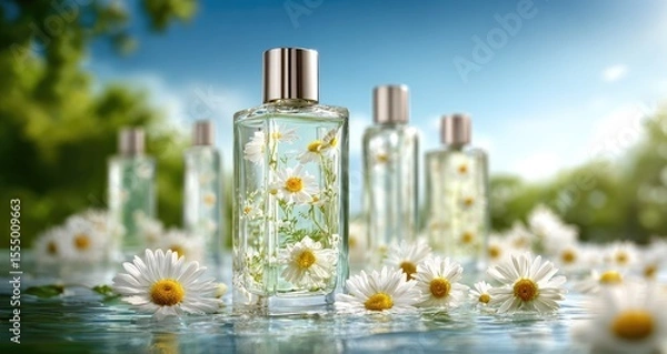 Fototapeta High-end skincare glass bottles with water, white daisies in foreground, blue sky and green trees background, elegant luxury.