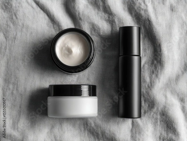 Fototapeta three cosmetic products with round cream jar and black cylinder bottle on grey cloth, minimalist style