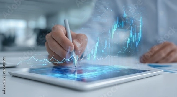 Fototapeta Person drawing financial graphs on iPad with blue data in modern office.